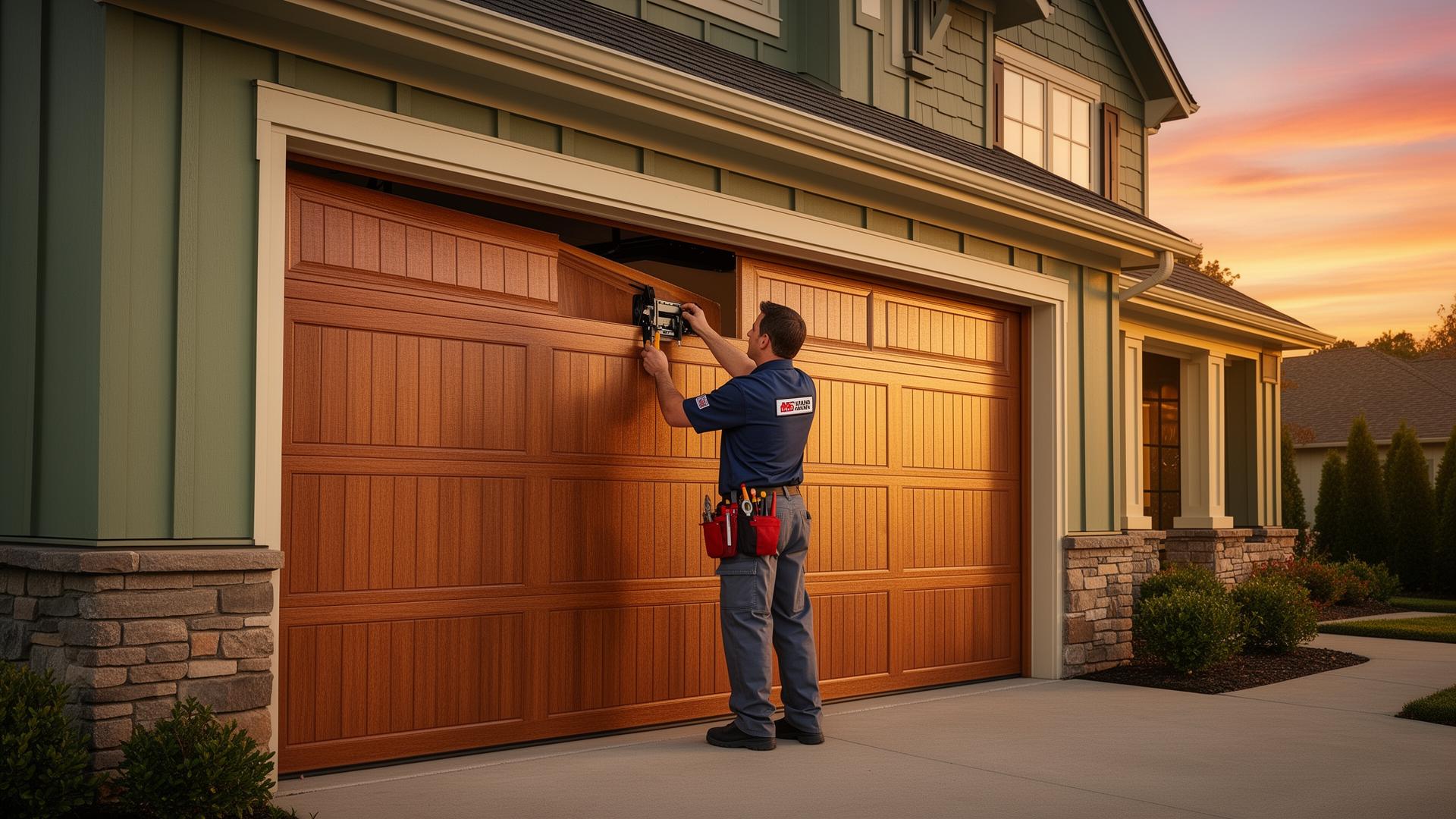Professional garage door technician installing a new residential garage door in Imperial Beach